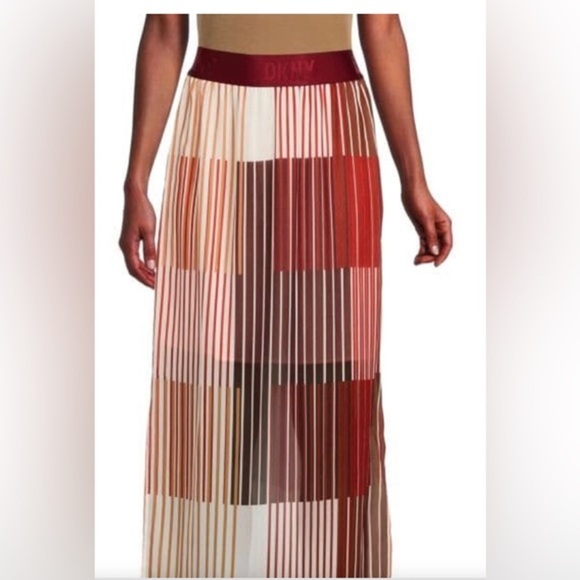 DKNY Women's Logo Striped MIDI Skirt - Red Pop White Size Large new - Picture 4 of 5